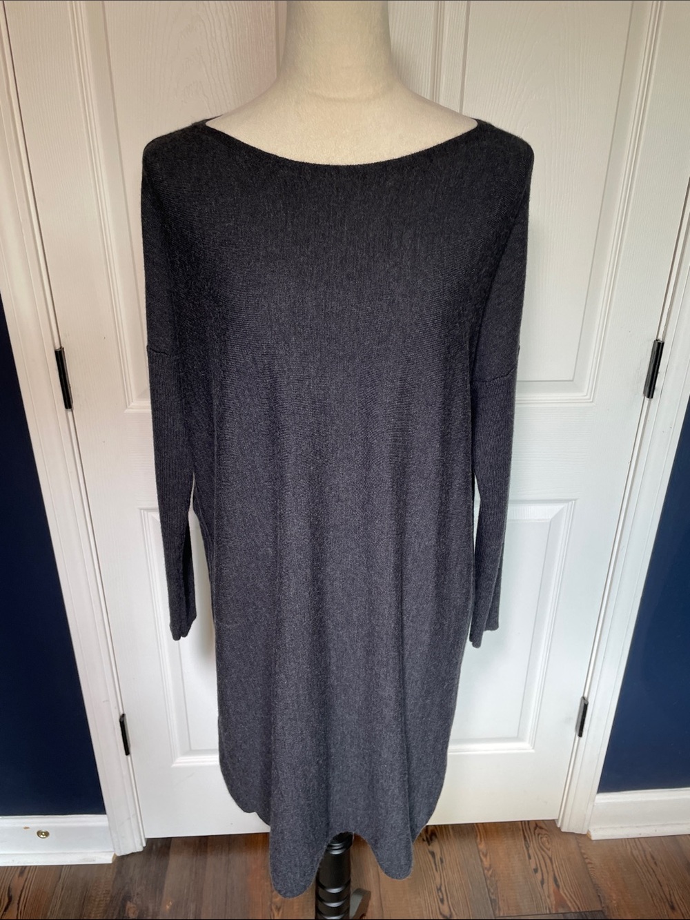 Eileen Fisher 100% Merino Wool Charcoal Gray Midi Knit Dress Long Ribbed Sleeves